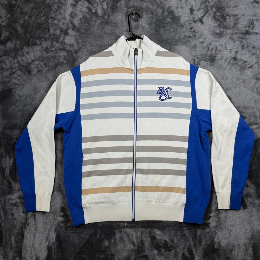 Bill Ratner BRS Products Track Jacket Mens XXL White Blue Striped Full Zip